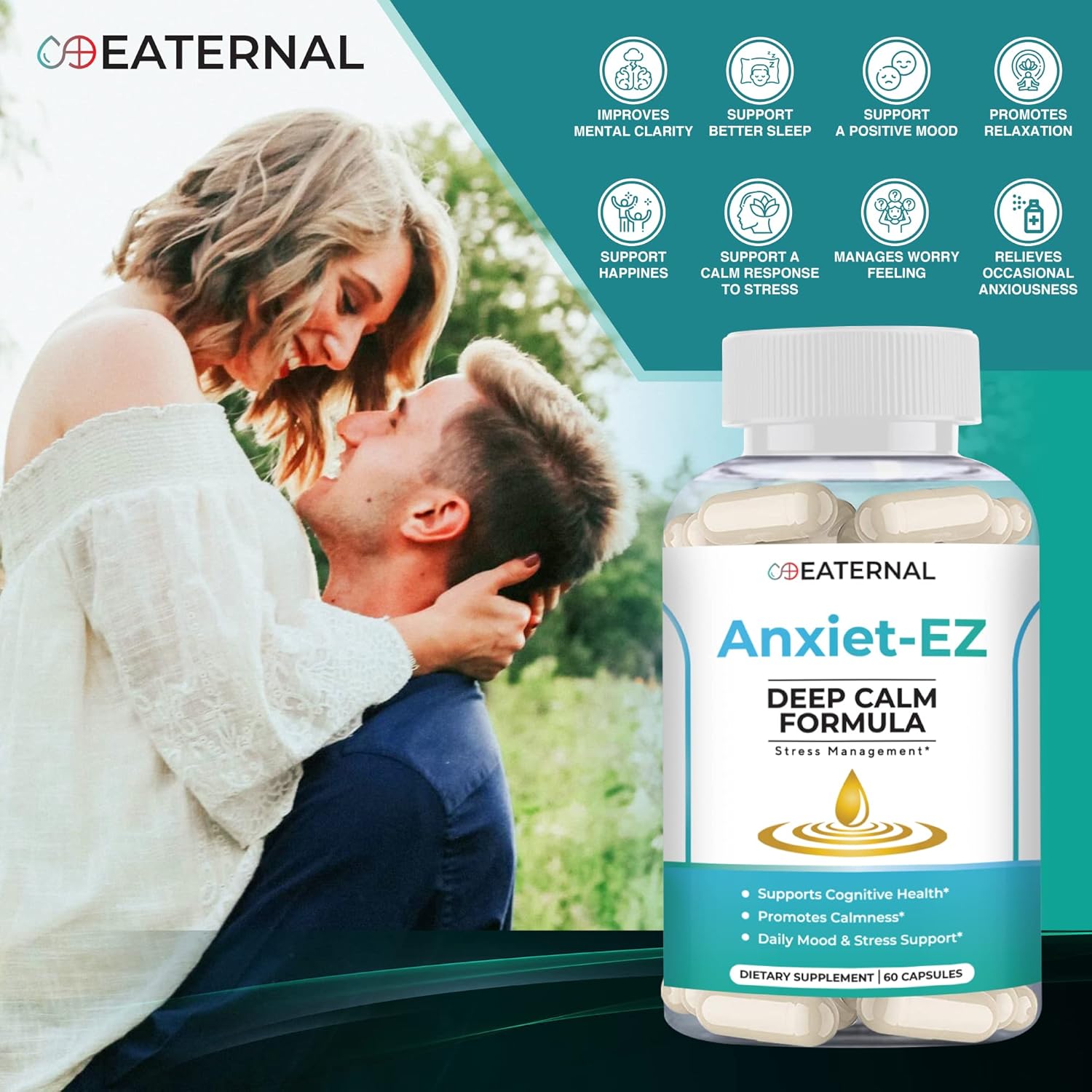 Natural Vegan Mood Support Supplement with Ashwagandha, Rhodiola, and Vitamin B | Stress & Calmness Aid with Lemon Balm, L-Theanine, Chamomile | 60ct