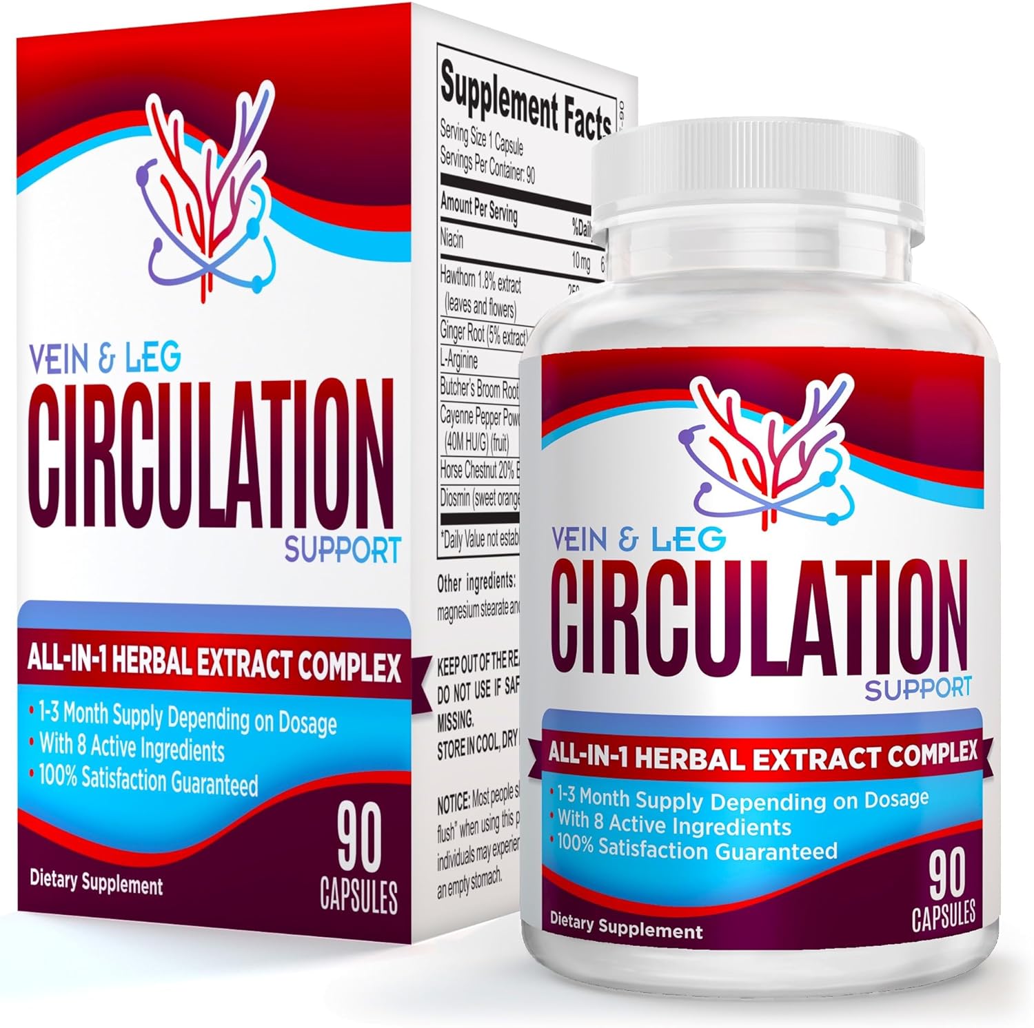 Natural Vein & Leg Circulation Support Supplement with 8 Active Ingredients - Boost Blood Circulation - Vein Health Formula - 90 Capsules