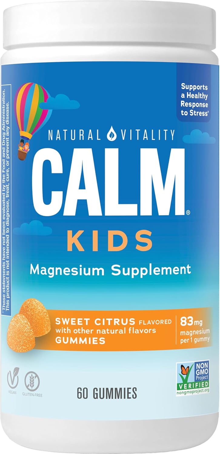Natural Vitality CALM Kids Magnesium Gummies - Supports Healthy Development, Balanced Mood - 60 Sweet Citrus Flavored Gummies, Gluten Free, Vegan
