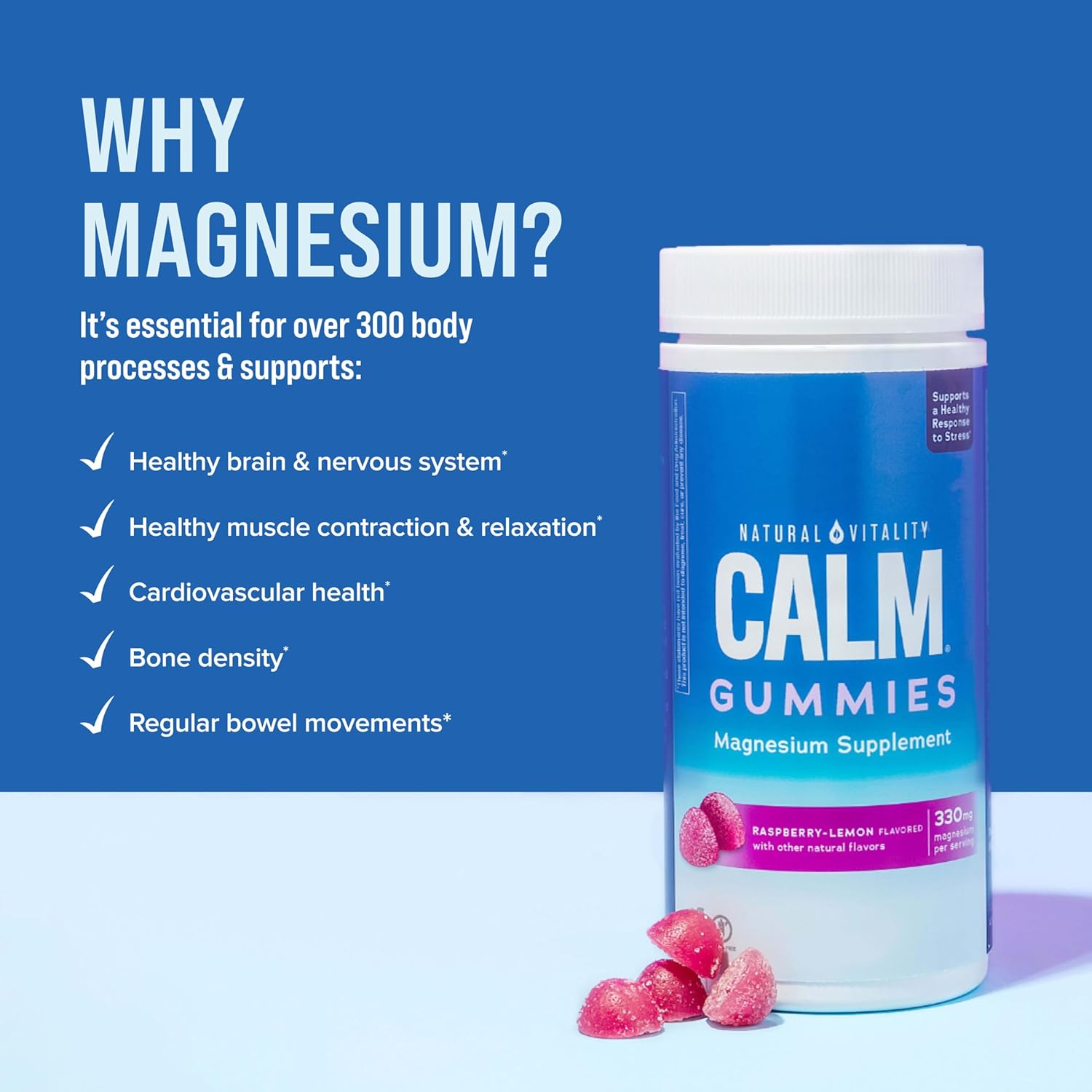 Natural Vitality CALM Magnesium Citrate Gummies - Stress Relief Support, Gluten Free, Vegan, Raspberry Lemon Flavor - 120 Gummies