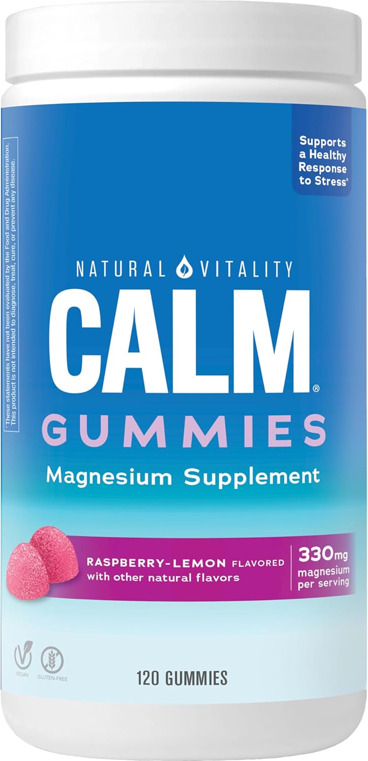 Natural Vitality CALM Magnesium Citrate Gummies - Stress Relief Support, Gluten Free, Vegan, Raspberry Lemon Flavor - 120 Gummies