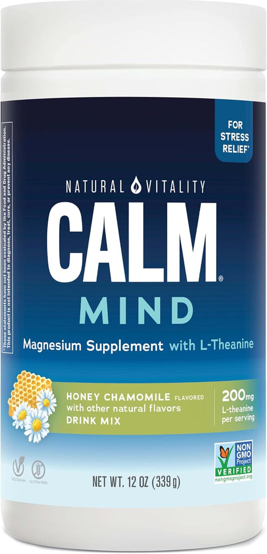 Natural Vitality Calm Mind Powder with Magnesium Citrate and L-Theanine - Stress Support, Gluten Free, Vegetarian - Honey Chamomile Flavor - 12 oz.
