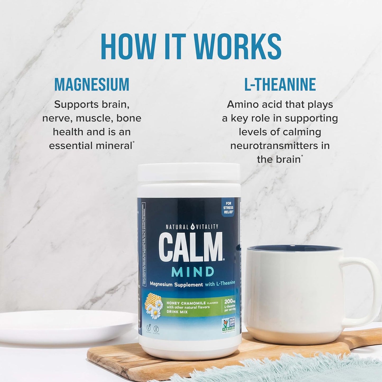 Natural Vitality Calm Mind Powder with Magnesium Citrate and L-Theanine - Stress Support, Gluten Free, Vegetarian - Honey Chamomile Flavor - 12 oz.