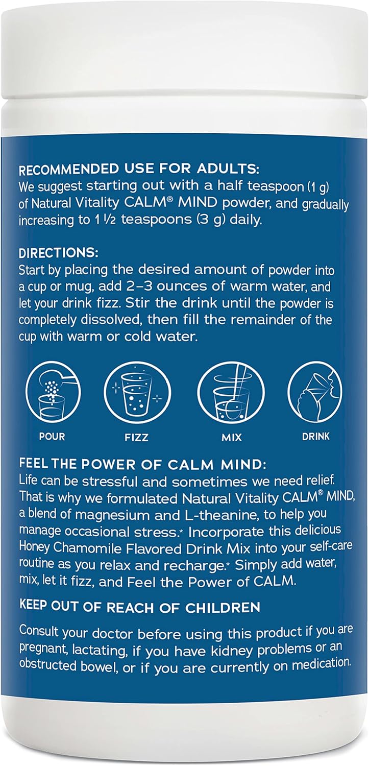 Natural Vitality Calm Mind Powder with Magnesium Citrate and L-Theanine - Stress Support, Gluten Free, Vegetarian - Honey Chamomile Flavor - 12 oz.