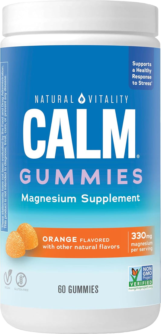 Natural Vitality CALM Stress Relief Gummies with Magnesium - 60 Count Vegan Gluten Free Orange Flavored Supplement for Healthy Stress Response