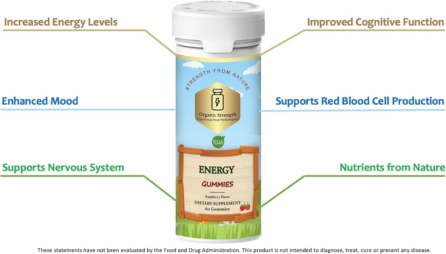 Natural Vitality Organic Strength Vegan Energy Gummies with Vitamin B12 - 60 Count