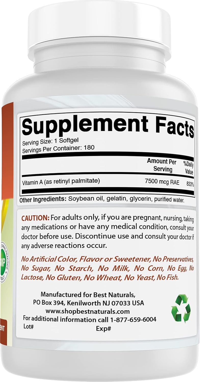 Natural Vitamin A 25000 IU Softgels for Vision & Immune System Support - 3 Pack of 180 Count Non-GMO Formula for Healthy Growth & Reproduction