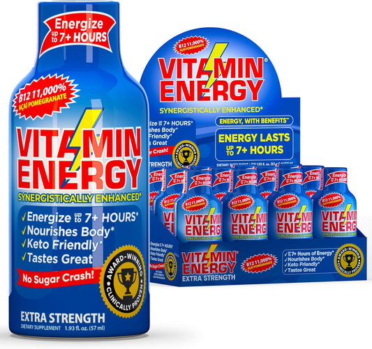 Natural Vitamin B12 Energy Shots - Sugar-Free Focus Drink with B6, B12 Vitamins - Acai Pomegranate Flavor - 1.93 fl oz (Pack of 12)