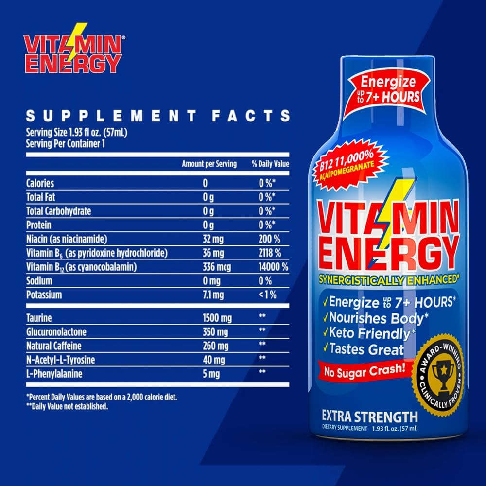 Natural Vitamin B12 Energy Shots - Sugar-Free Focus Drink with B6, B12 Vitamins - Acai Pomegranate Flavor - 1.93 fl oz (Pack of 12)