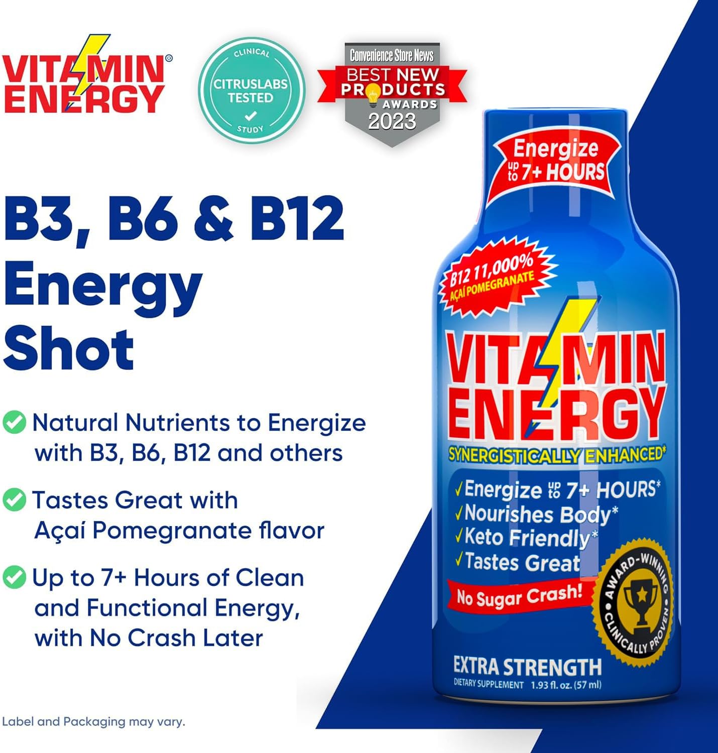 Natural Vitamin B12 Energy Shots - Sugar-Free Focus Drink with B6, B12 Vitamins - Acai Pomegranate Flavor - 1.93 fl oz (Pack of 12)