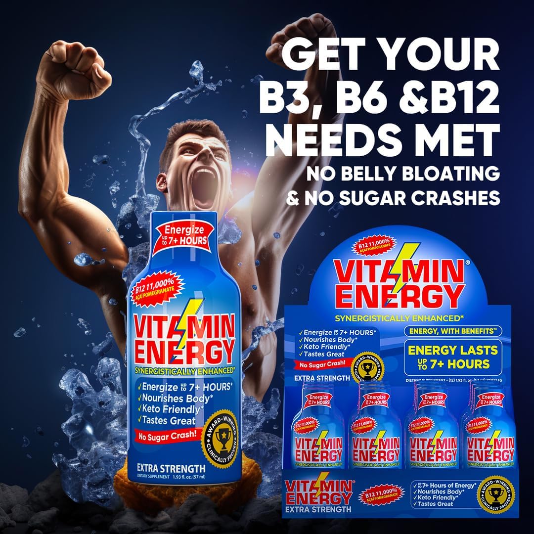 Natural Vitamin B12 Energy Shots - Sugar-Free Focus Drink with B6, B12 Vitamins - Acai Pomegranate Flavor - 1.93 fl oz (Pack of 12)