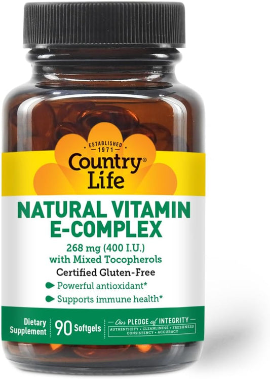 Natural Vitamin E-Complex Softgels: 400 IU for Immune Health & Skin - Antioxidant Supplement with Four Tocopherols - 90 Count
