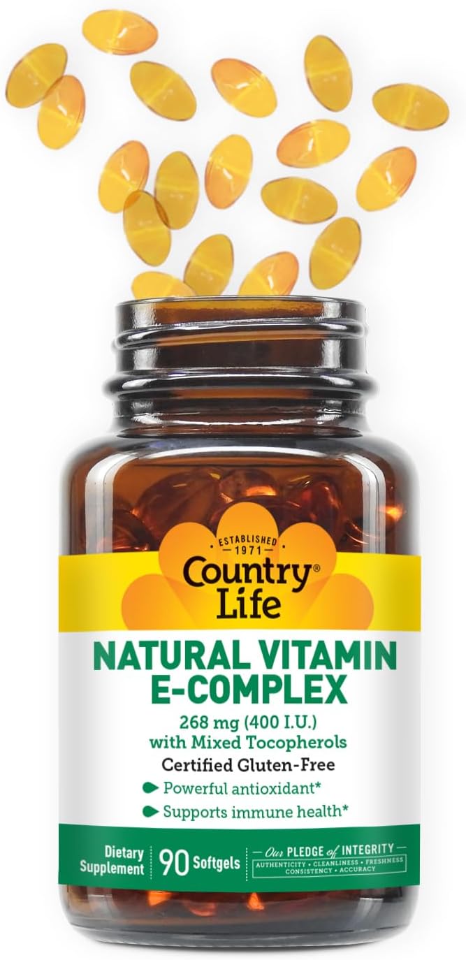 Natural Vitamin E-Complex Softgels: 400 IU for Immune Health & Skin - Antioxidant Supplement with Four Tocopherols - 90 Count