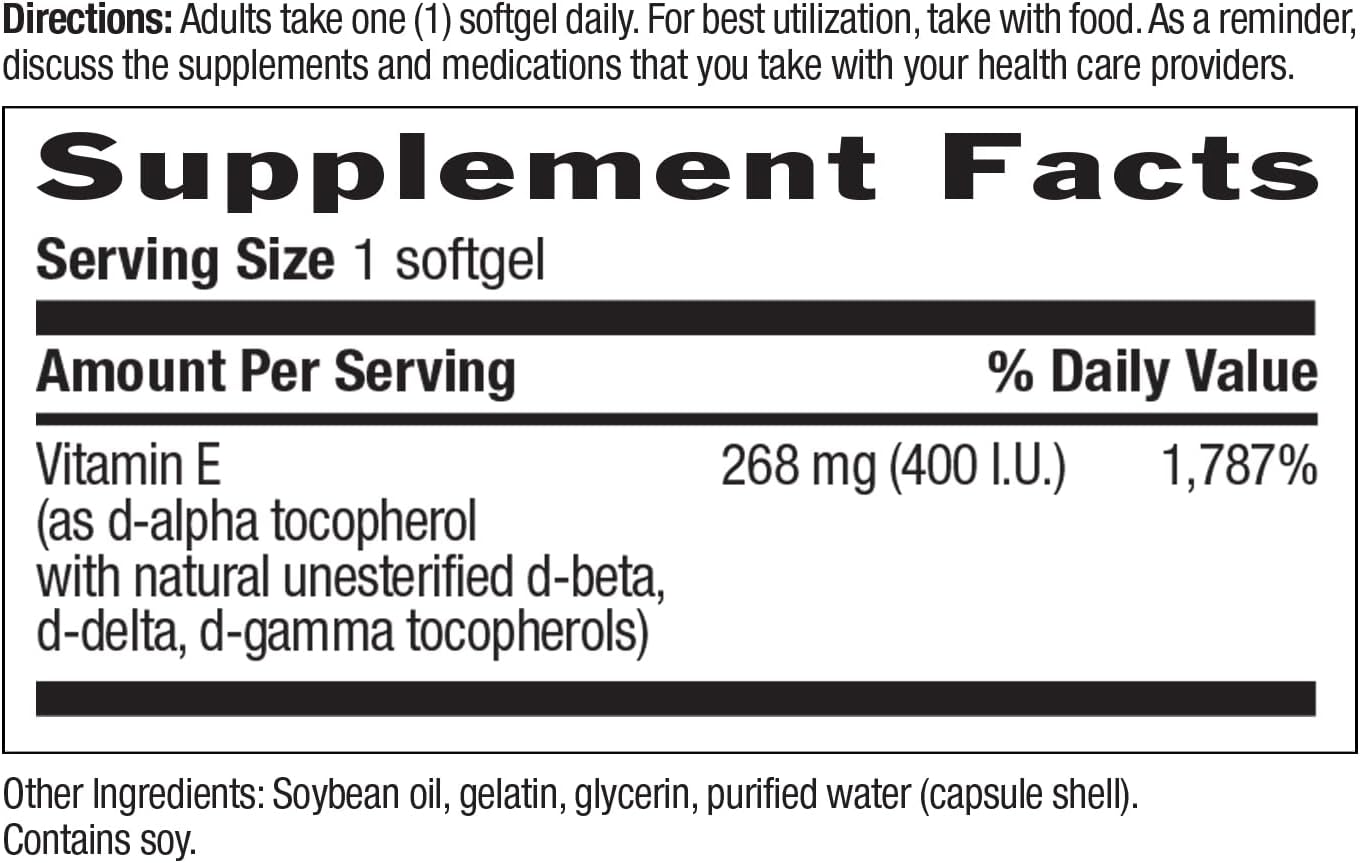 Natural Vitamin E-Complex Softgels: 400 IU for Immune Health & Skin - Antioxidant Supplement with Four Tocopherols - 90 Count