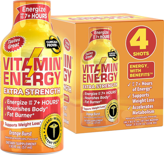 Natural Vitamin Energy Shots for Immune Support | Sugar-Free | Orange Burst Flavor | 7+ Hours of Energy | Pack of 4 - 1.93 fl oz