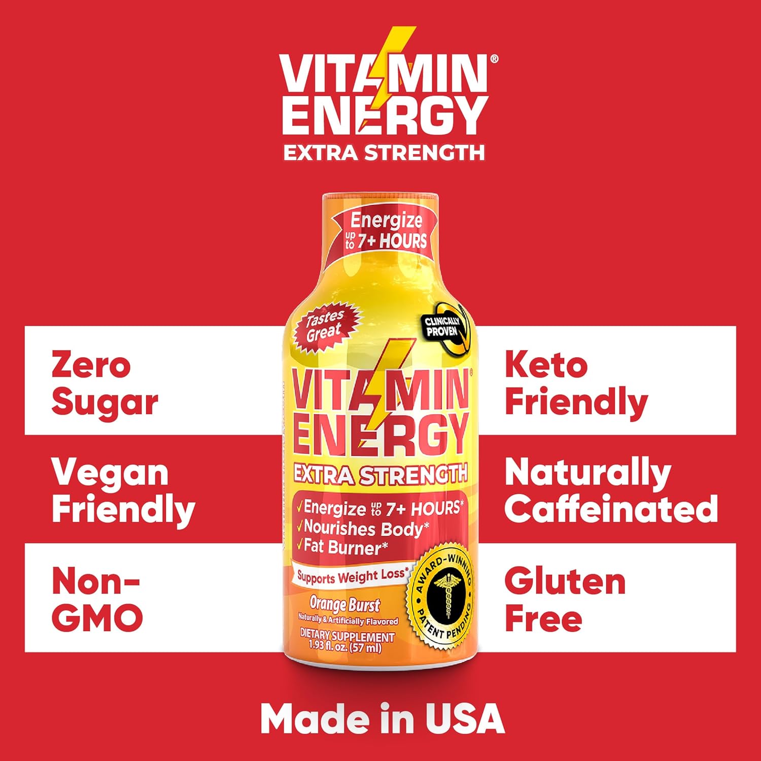 Natural Vitamin Energy Shots for Immune Support | Sugar-Free | Orange Burst Flavor | 7+ Hours of Energy | Pack of 4 - 1.93 fl oz
