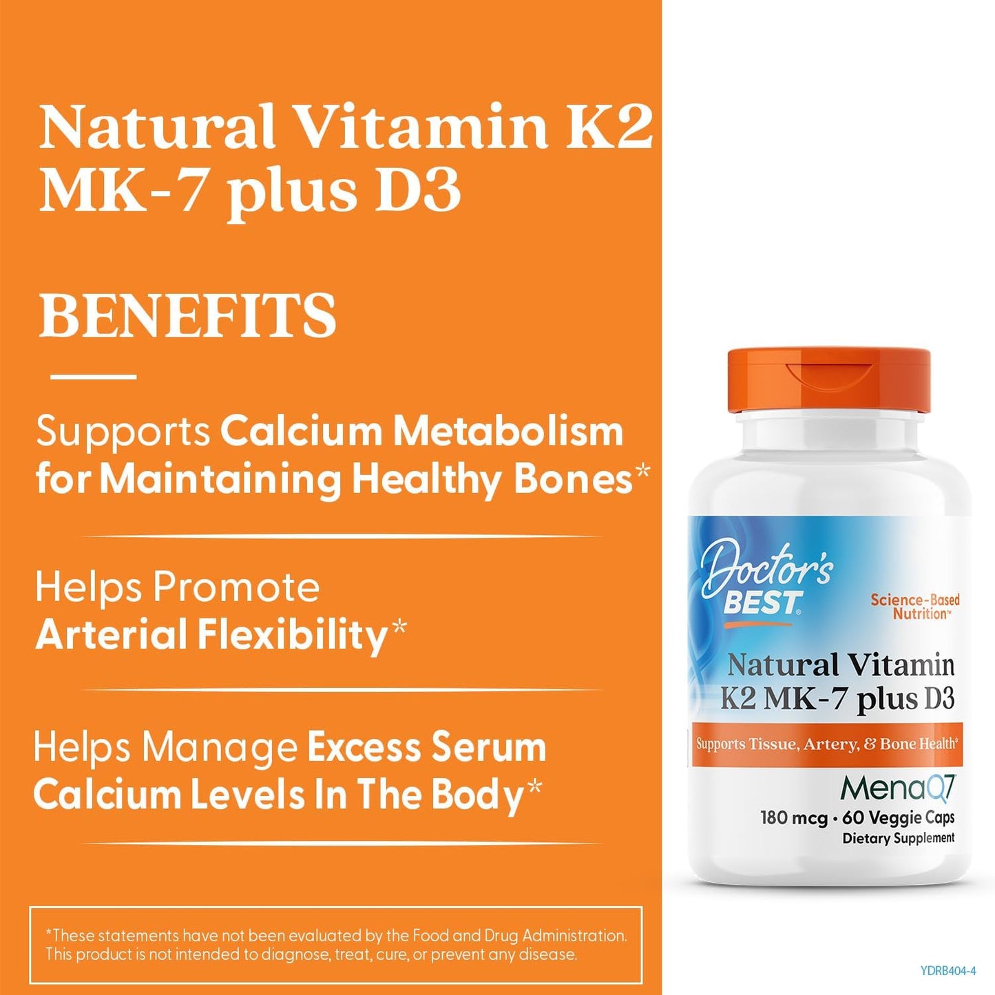 Natural Vitamin K2 MK-7 Plus D3 for Tissue, Artery, & Bone Health - Non-GMO, Gluten Free, Vegetarian Caps - 60 Count