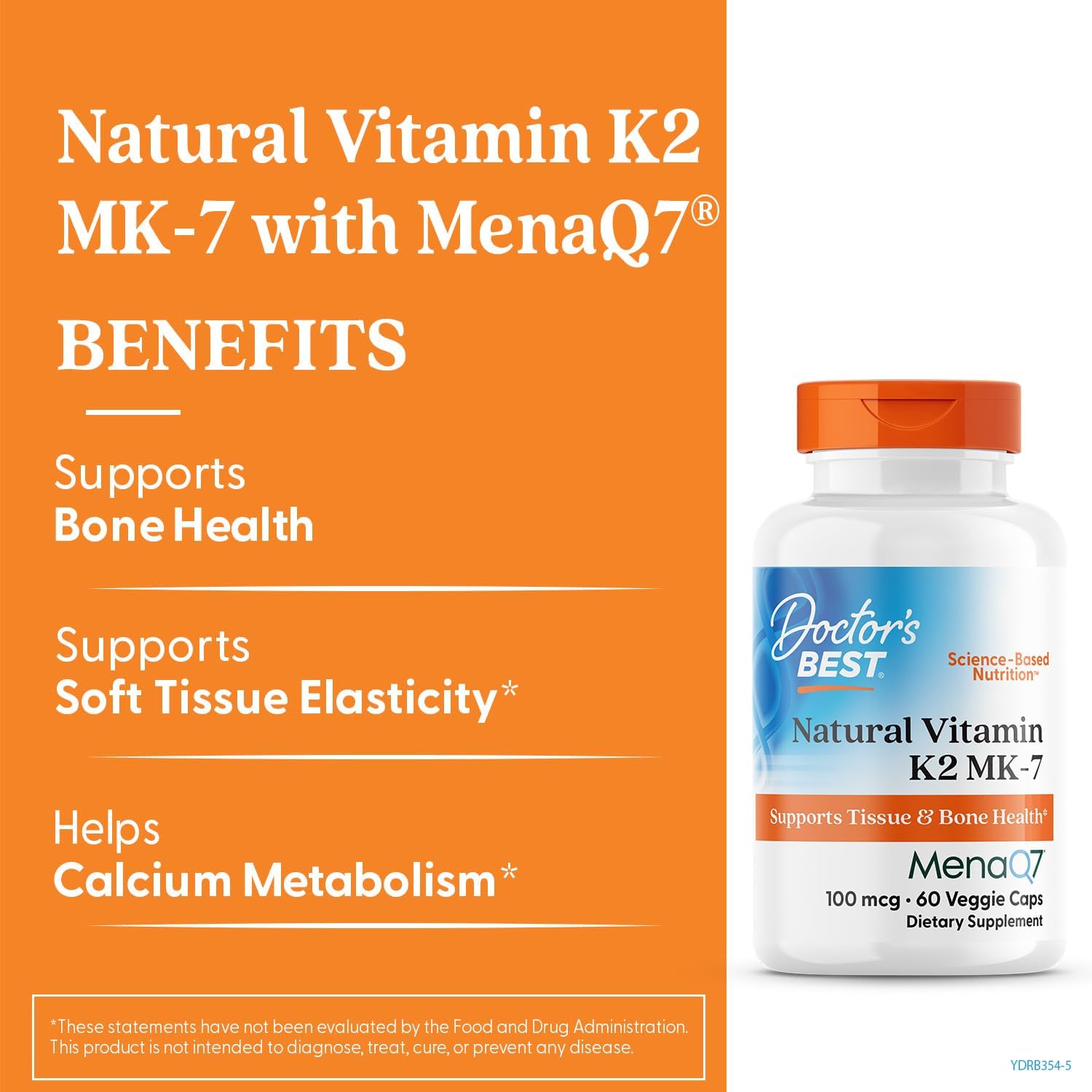 Natural Vitamin K2 Mk-7 with MenaQ7, 100mcg Supplement for Bone Health - 60 Veggie Capsules