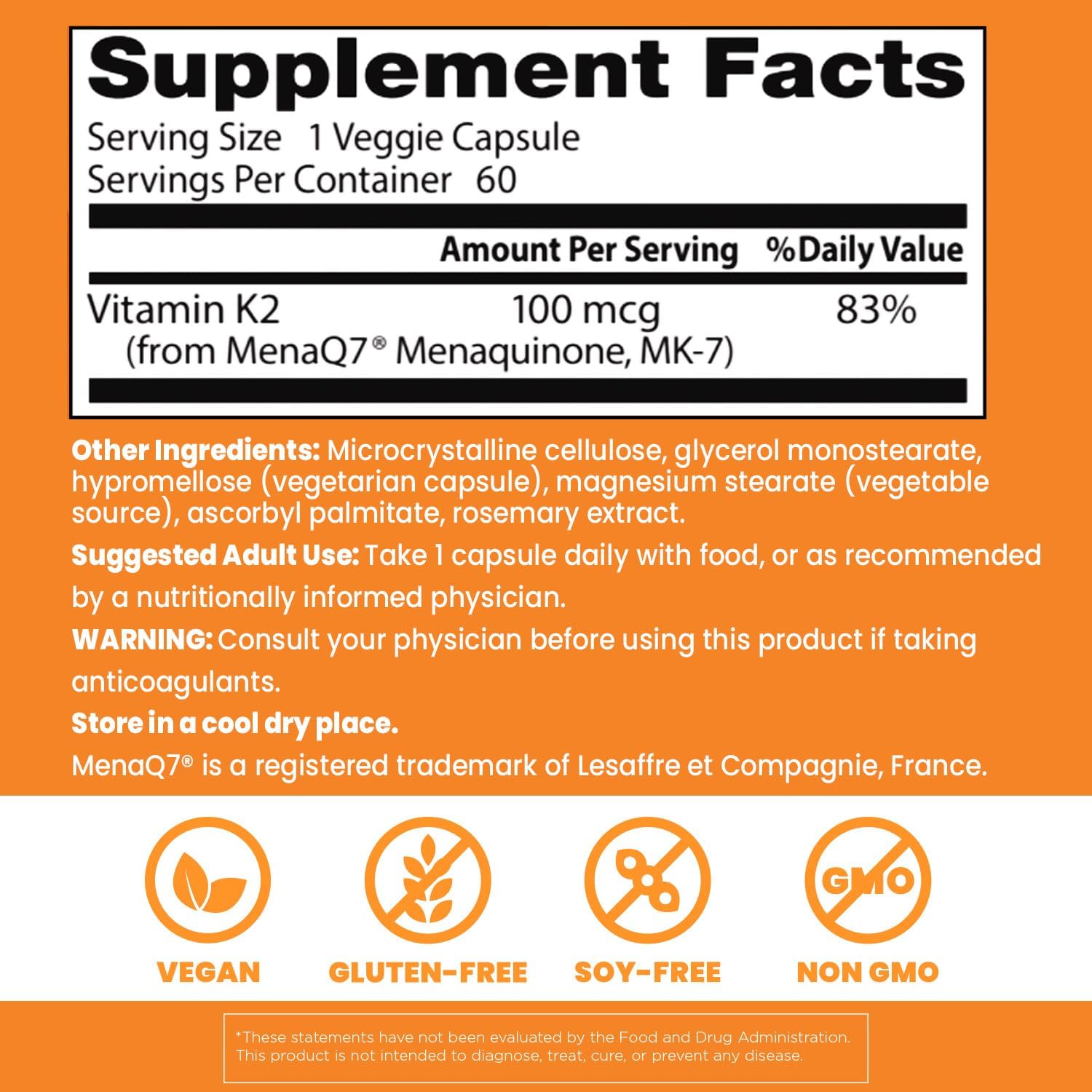 Natural Vitamin K2 Mk-7 with MenaQ7, 100mcg Supplement for Bone Health - 60 Veggie Capsules