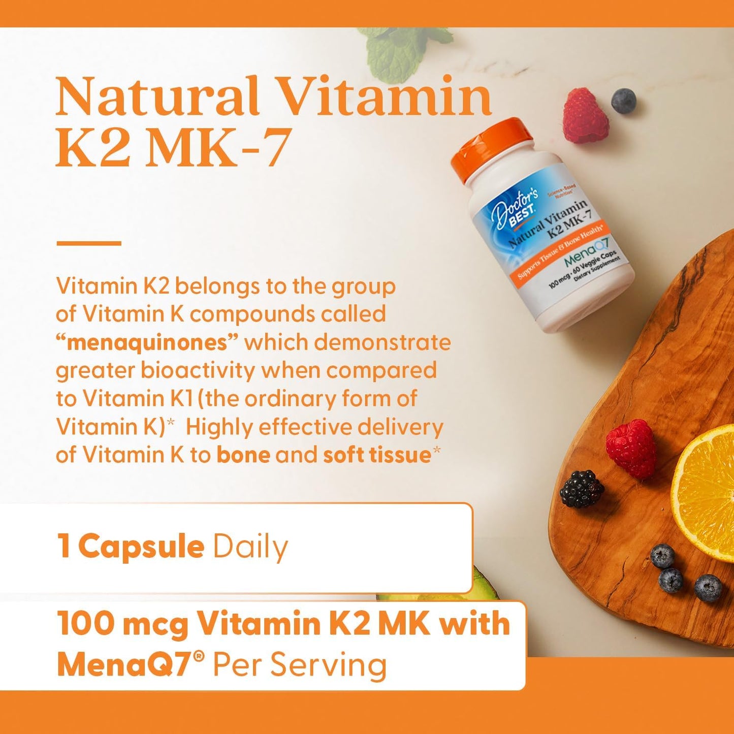 Natural Vitamin K2 Mk-7 with MenaQ7, 100mcg Supplement for Bone Health - 60 Veggie Capsules