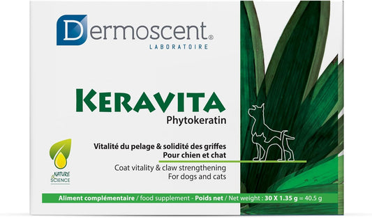 Natural Vitamin Supplement for Pet Skin & Coat Health - Dermoscent Keravita® Tablets for Dogs & Cats - Promotes Healthy Hair & Claws - 30 Count