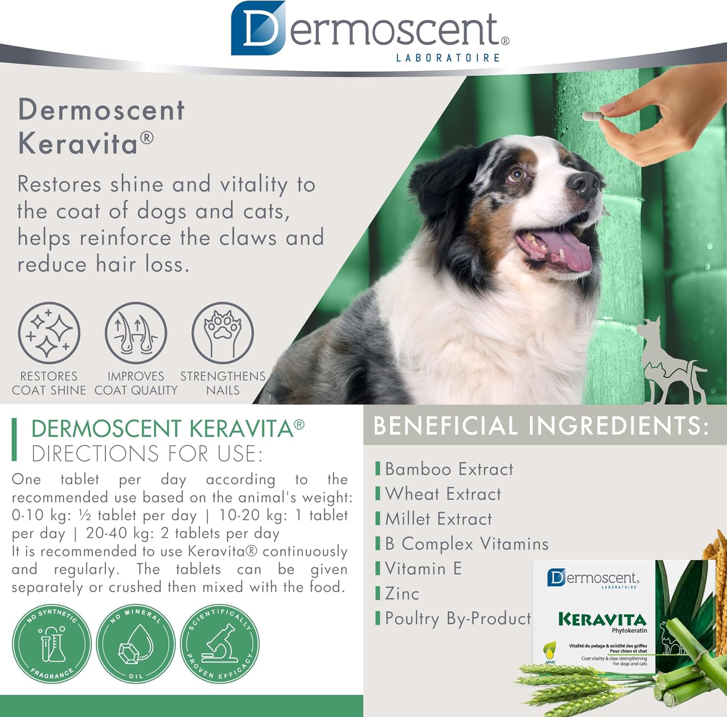Natural Vitamin Supplement for Pet Skin & Coat Health - Dermoscent Keravita® Tablets for Dogs & Cats - Promotes Healthy Hair & Claws - 30 Count