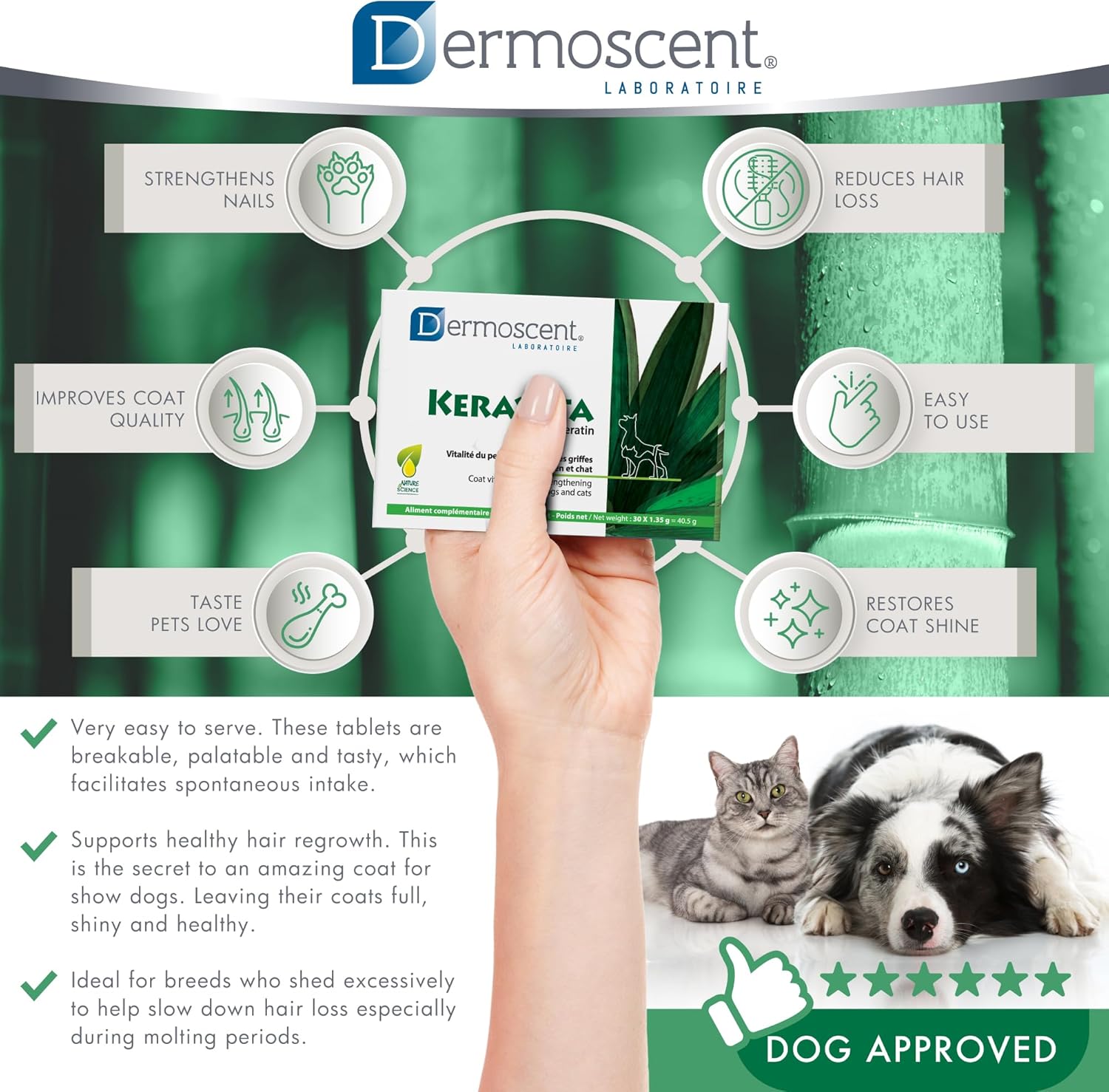Natural Vitamin Supplement for Pet Skin & Coat Health - Dermoscent Keravita® Tablets for Dogs & Cats - Promotes Healthy Hair & Claws - 30 Count