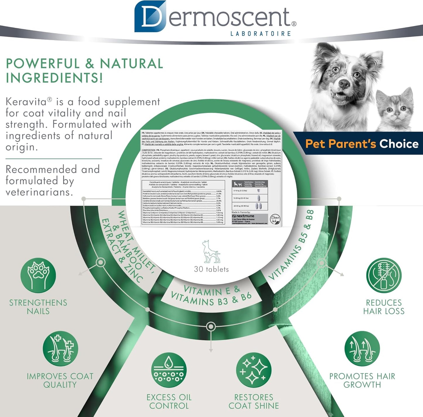 Natural Vitamin Supplement for Pet Skin & Coat Health - Dermoscent Keravita® Tablets for Dogs & Cats - Promotes Healthy Hair & Claws - 30 Count