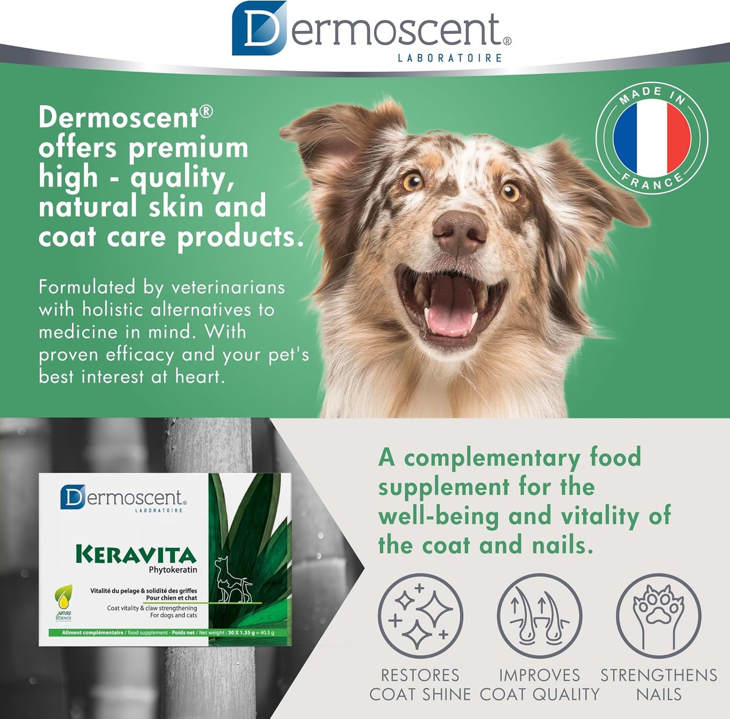 Natural Vitamin Supplement for Pet Skin & Coat Health - Dermoscent Keravita® Tablets for Dogs & Cats - Promotes Healthy Hair & Claws - 30 Count