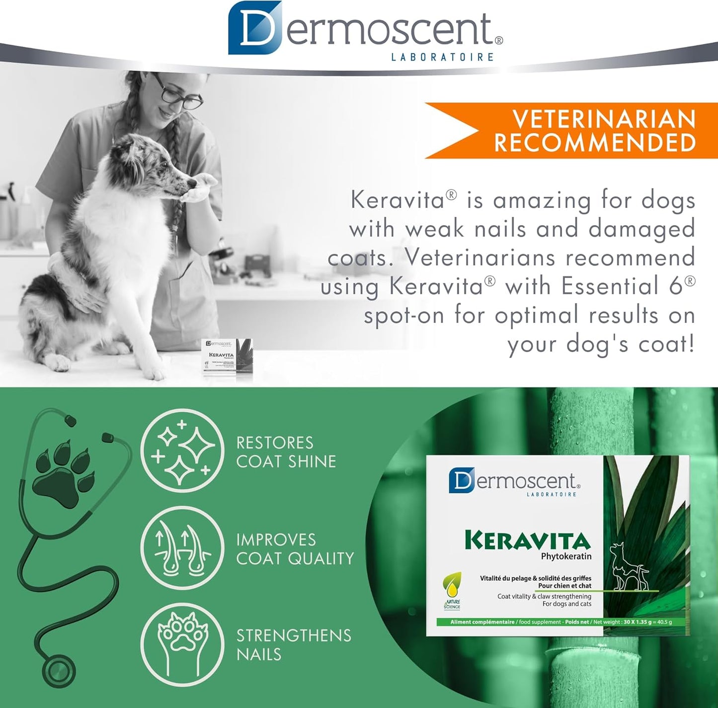 Natural Vitamin Supplement for Pet Skin & Coat Health - Dermoscent Keravita® Tablets for Dogs & Cats - Promotes Healthy Hair & Claws - 30 Count