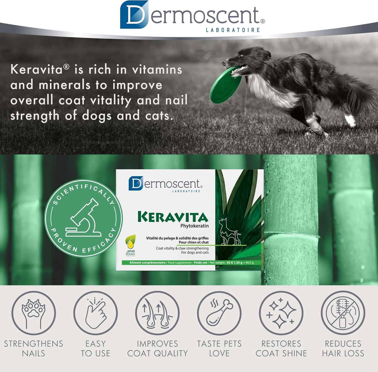 Natural Vitamin Supplement for Pet Skin & Coat Health - Dermoscent Keravita® Tablets for Dogs & Cats - Promotes Healthy Hair & Claws - 30 Count
