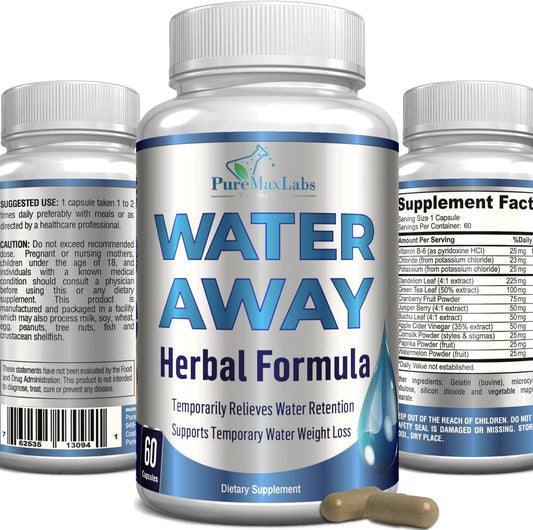 Natural Water Away Diuretic Pills with Dandelion Leaf & Green Tea - Reduce Bloating & Water Weight - Detox Cleanse for Urinary Health - Non-GMO, 60 Capsules