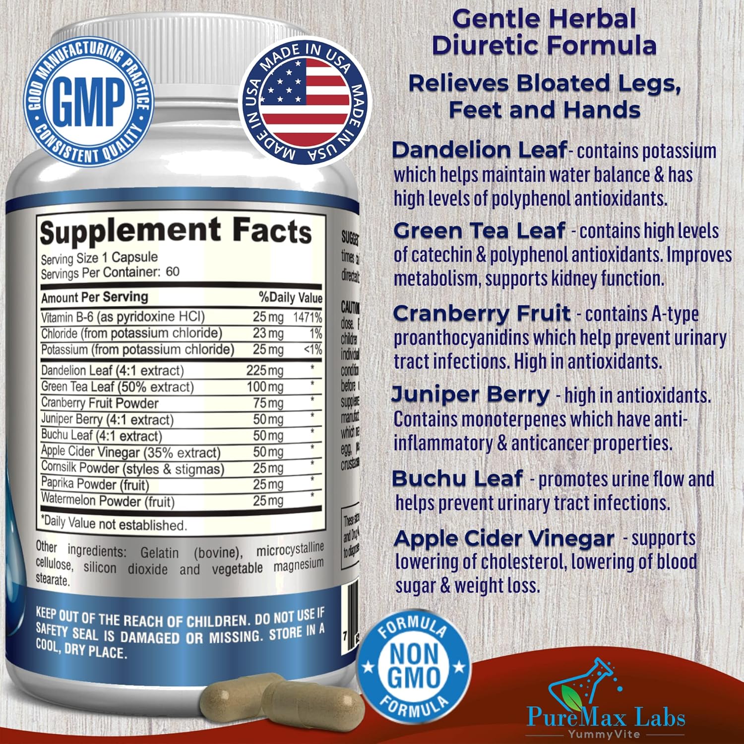 Natural Water Away Diuretic Pills with Dandelion Leaf & Green Tea - Reduce Bloating & Water Weight - Detox Cleanse for Urinary Health - Non-GMO, 60 Capsules