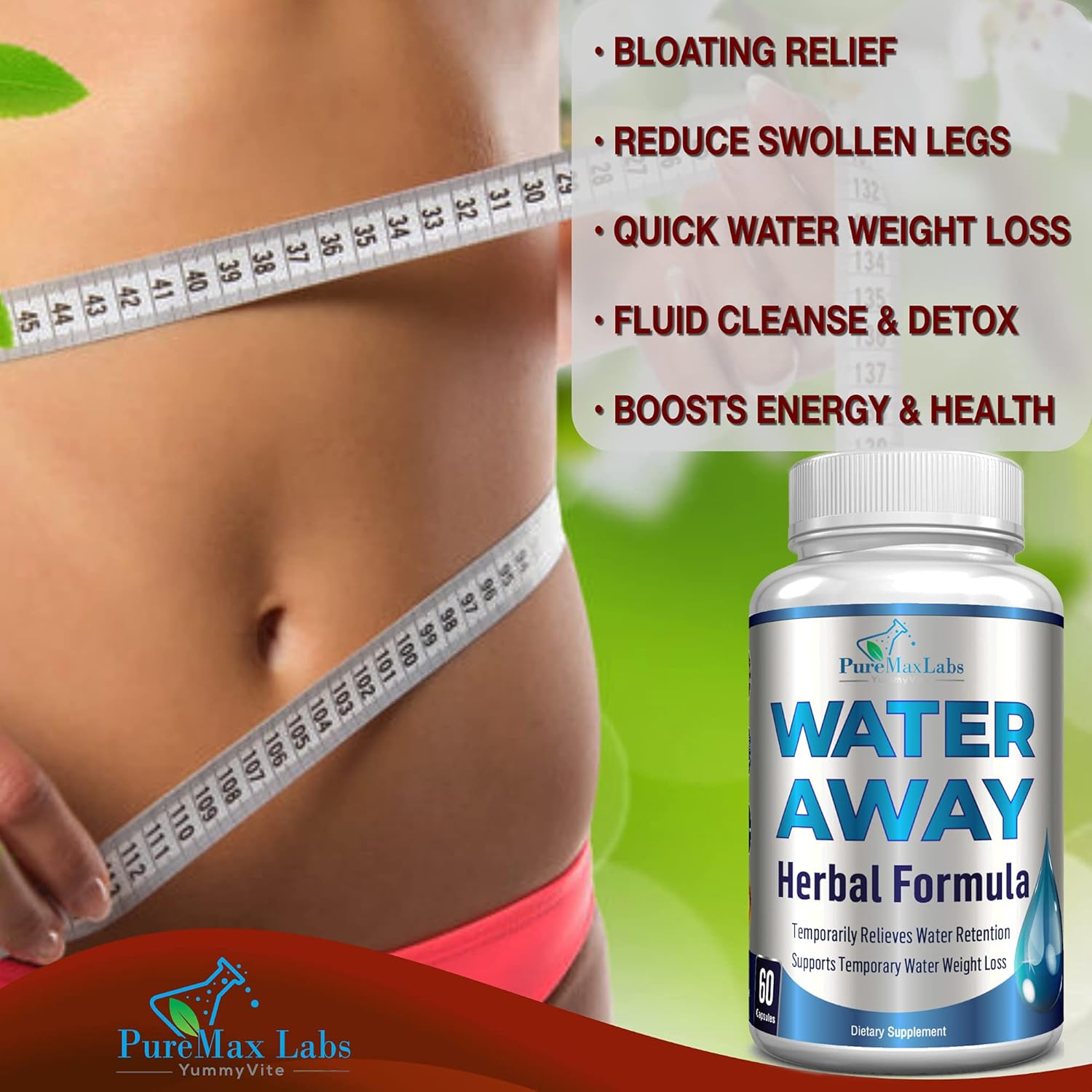 Natural Water Away Diuretic Pills with Dandelion Leaf & Green Tea - Reduce Bloating & Water Weight - Detox Cleanse for Urinary Health - Non-GMO, 60 Capsules