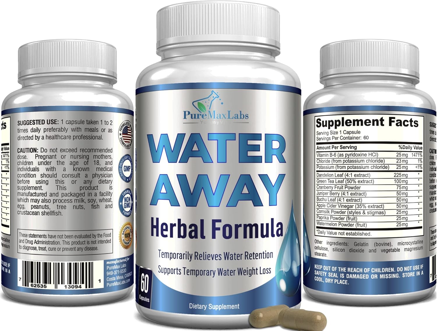 Natural Water Away Diuretic Pills with Dandelion Leaf & Green Tea - Reduce Bloating & Water Weight - Detox Cleanse for Urinary Health - Non-GMO, 60 Capsules
