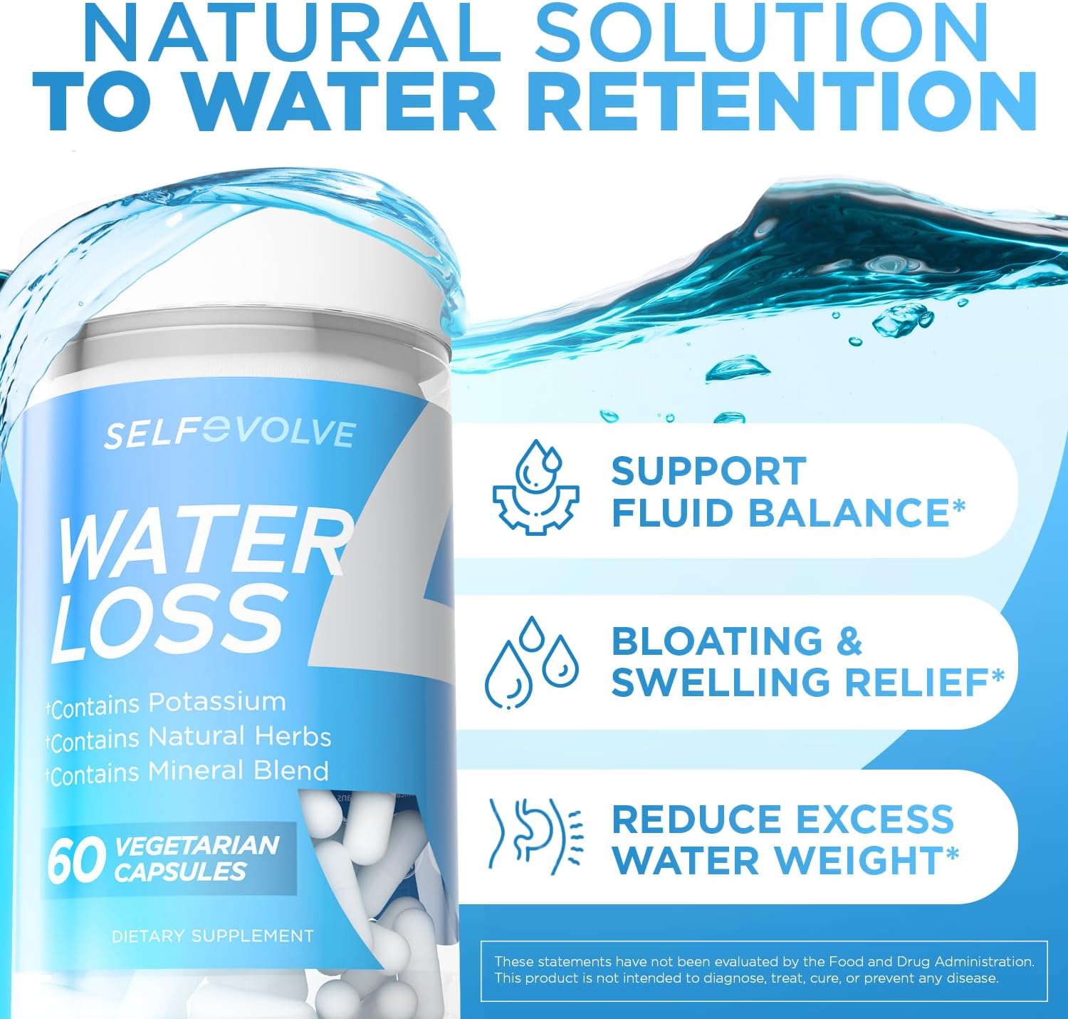 Natural Water Pills with Dandelion Extract for Reducing Water Retention & Bloating Relief - 60 Veggie Capsules