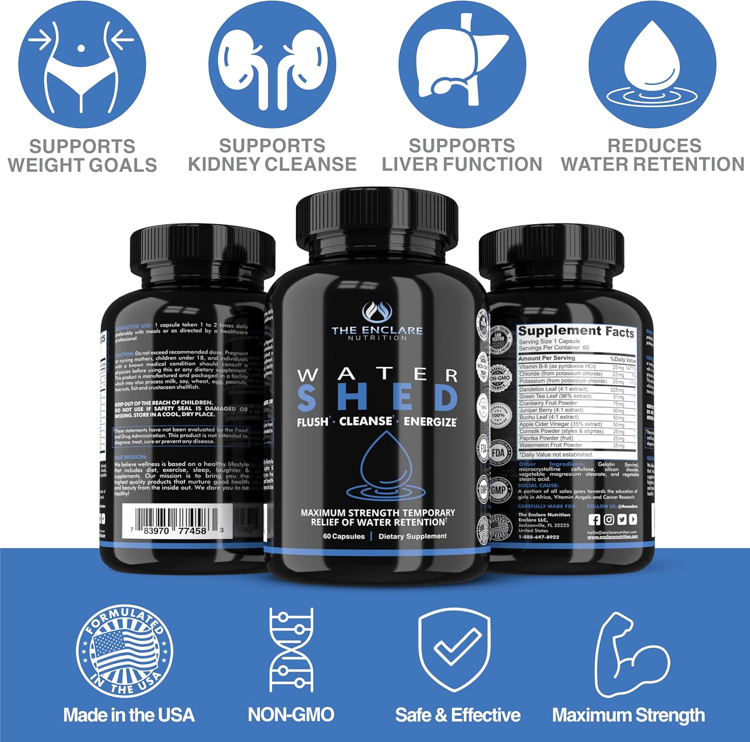 Natural Water Retention Relief Pills with Green Tea, Cranberry, Apple Cider Vinegar - Diuretic for Detox, Liver & Kidney Cleanse, Bloating & Swelling - Enclare Nutrition (3 Pack)