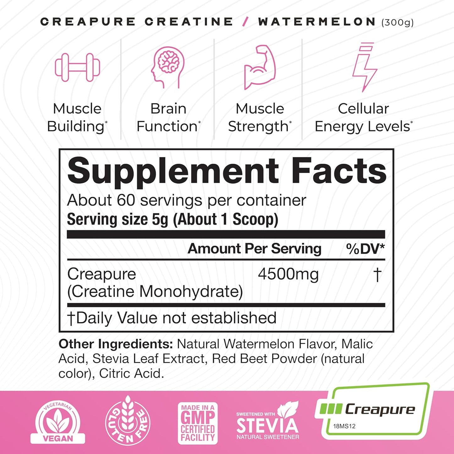 Natural Watermelon Creapure Creatine Monohydrate Powder - 300g - Vegan Keto Friendly & Gluten-Free - Muscle Recovery & Growth Supplement