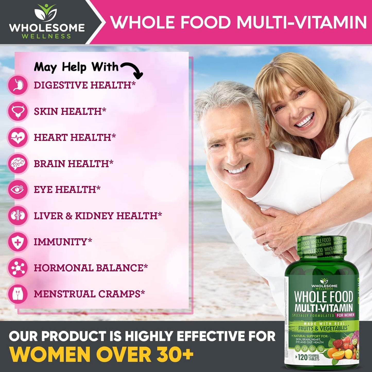 Natural Whole Food Multivitamin for Women - 120 Tablets with Minerals and Organic Extracts