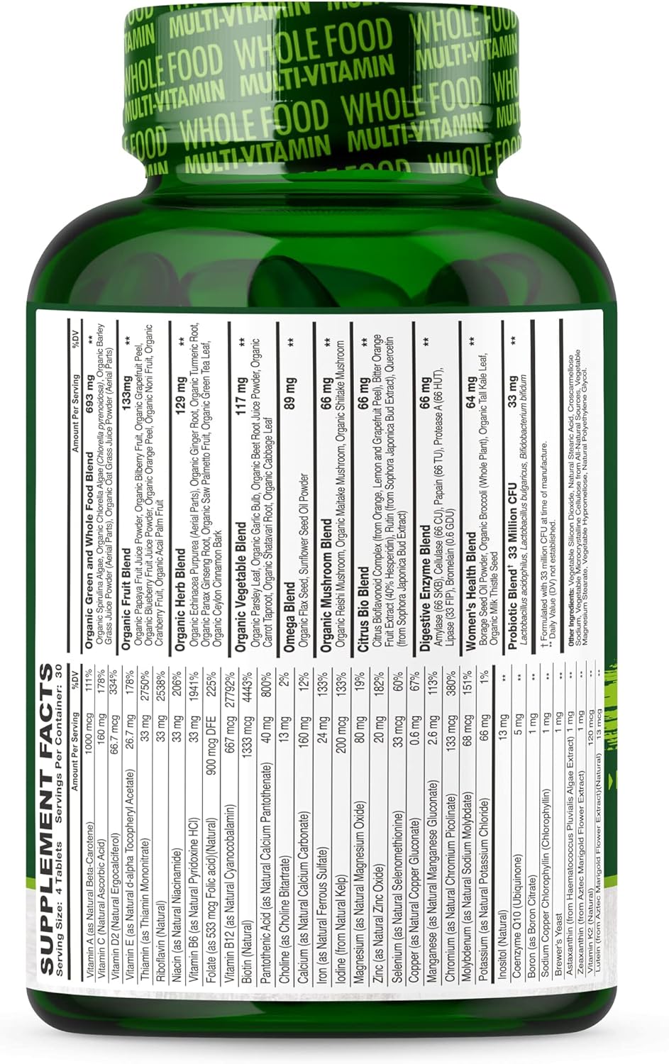 Natural Whole Food Multivitamin for Women - 120 Tablets with Minerals and Organic Extracts