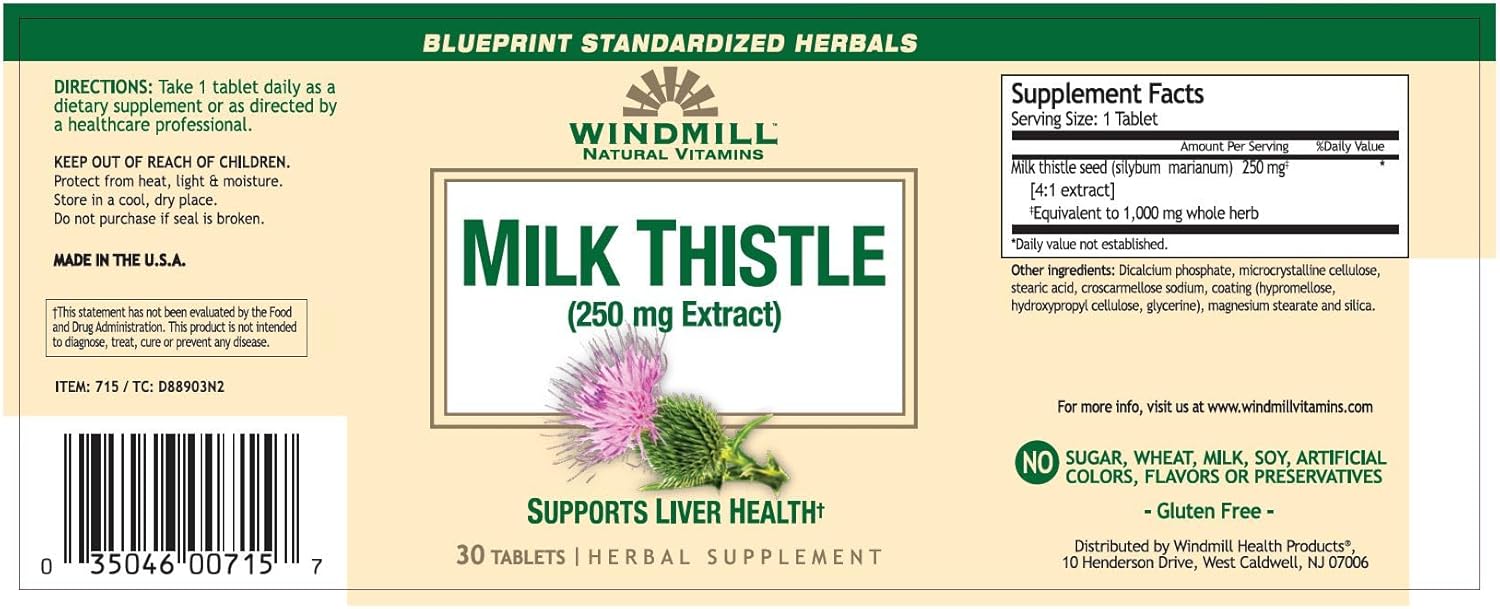 Natural Windmill Milk Thistle Supplement - 250 mg Tablets, 30 Count