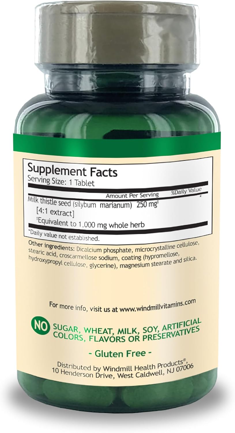 Natural Windmill Milk Thistle Supplement - 250 mg Tablets, 30 Count
