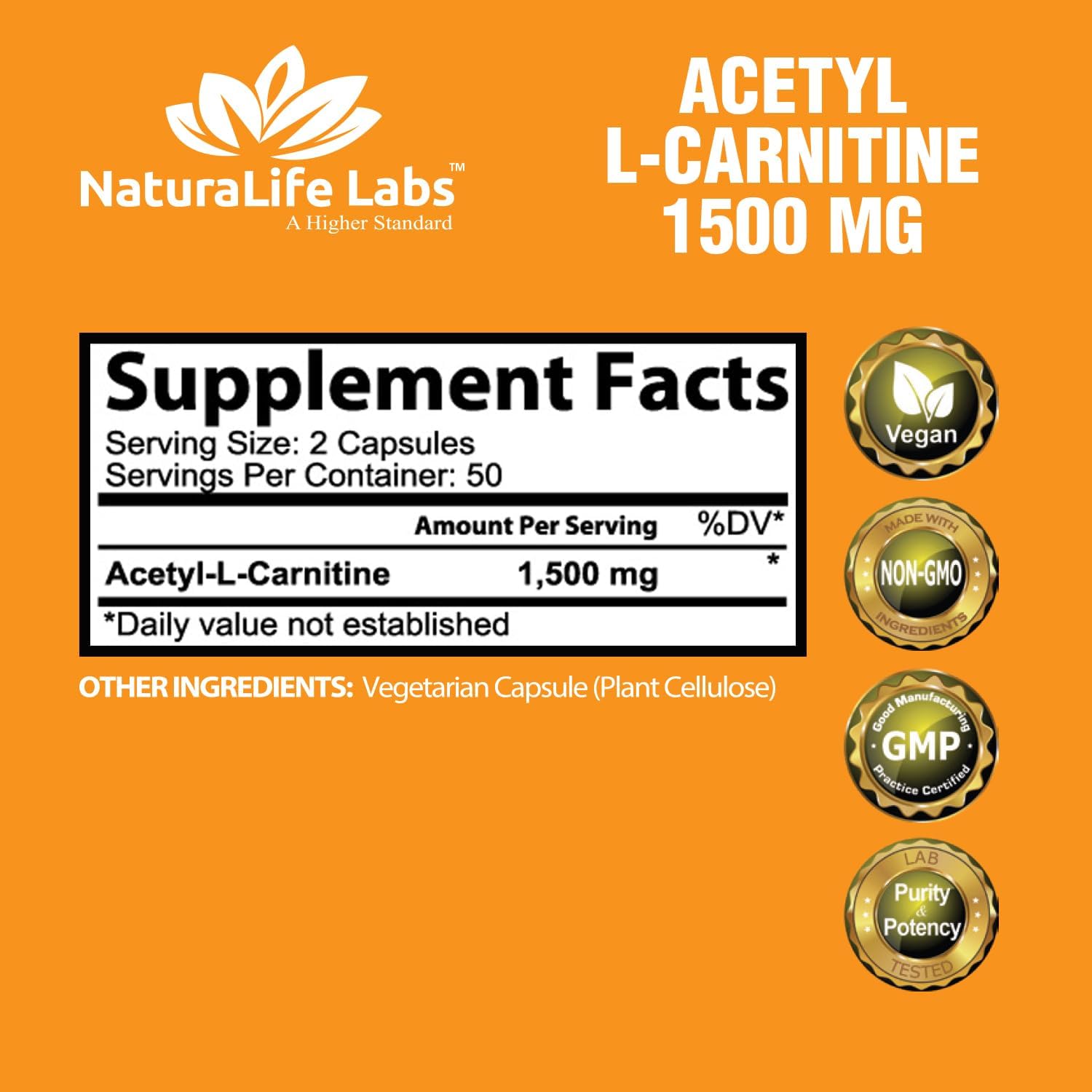NaturaLife Labs High Potency Acetyl L-Carnitine 1,500mg Veggie Capsules - Energy, Sports Nutrition, Memory & Focus Support