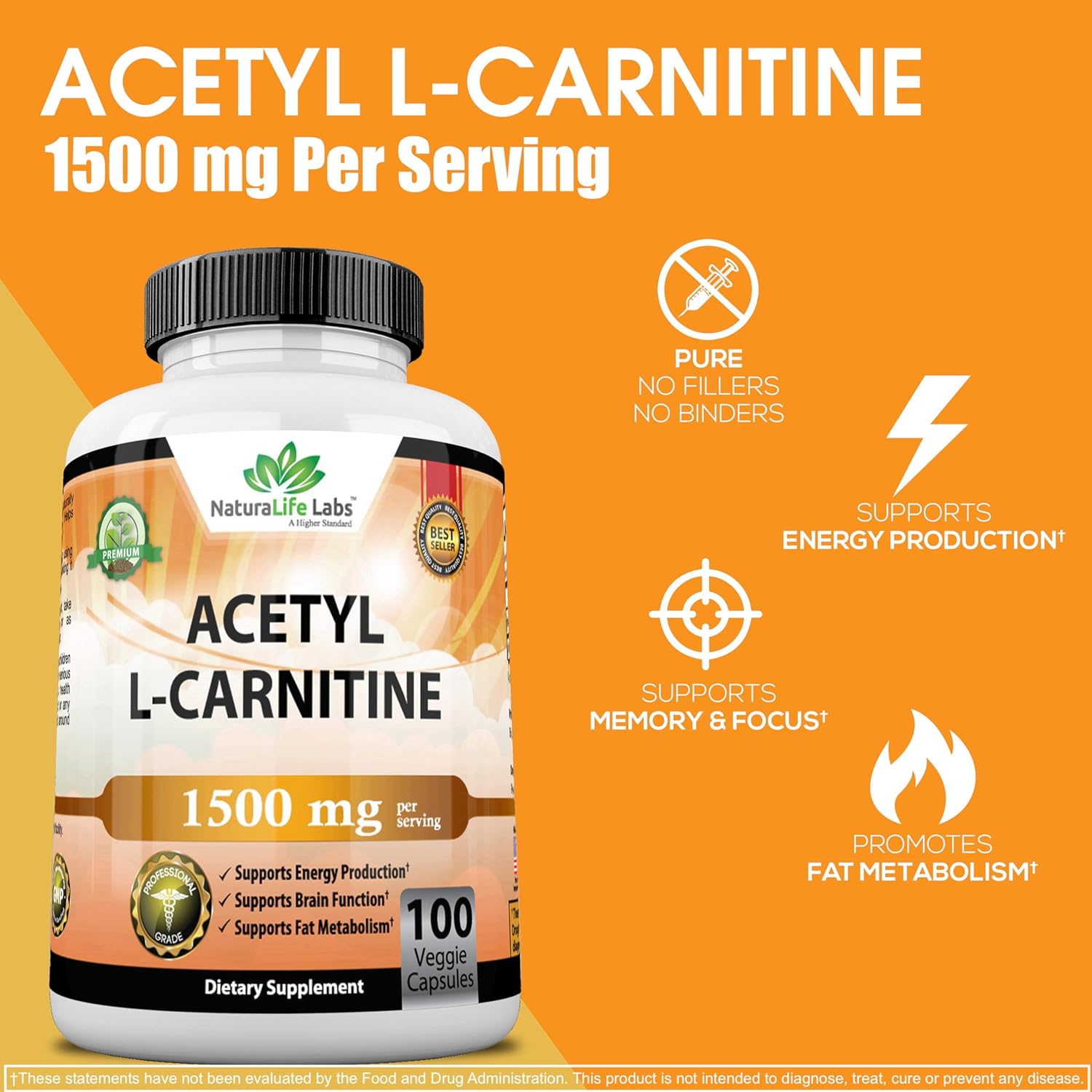 NaturaLife Labs High Potency Acetyl L-Carnitine 1,500mg Veggie Capsules - Energy, Sports Nutrition, Memory & Focus Support