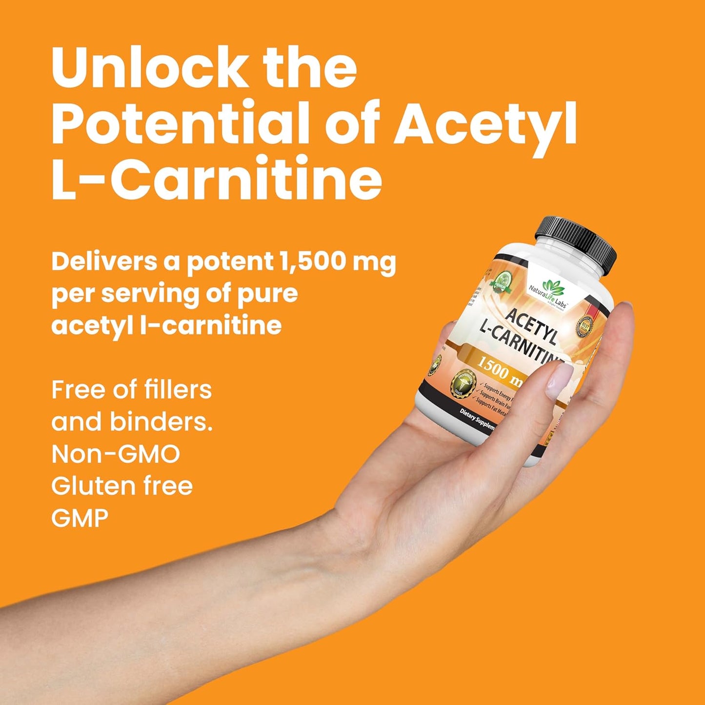 NaturaLife Labs High Potency Acetyl L-Carnitine 1,500mg Veggie Capsules - Energy, Sports Nutrition, Memory & Focus Support