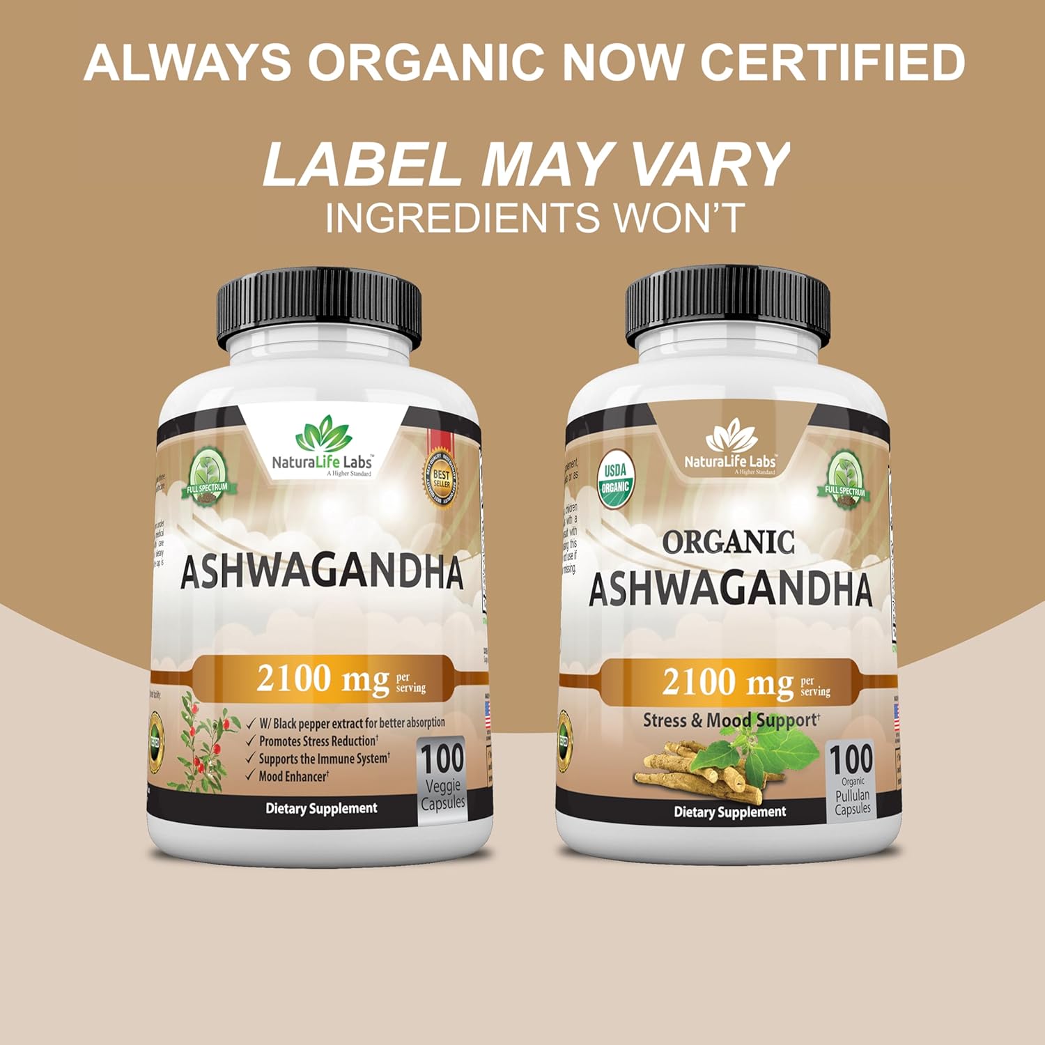 NaturaLife Labs Organic Ashwagandha 2,100 mg - 100 Veggie Capsules for Stress Relief and Mood Support