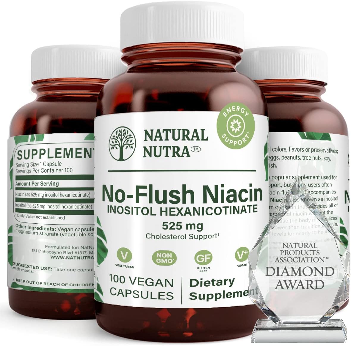 Naturally Derived Niacin Supplement for Cardiovascular Health, Skin Texture, and Brain Function - 525 mg, 100 Capsules