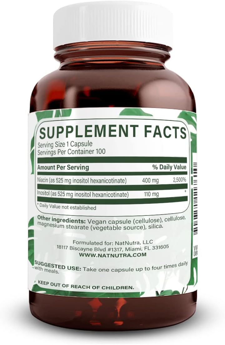 Naturally Derived Niacin Supplement for Cardiovascular Health, Skin Texture, and Brain Function - 525 mg, 100 Capsules