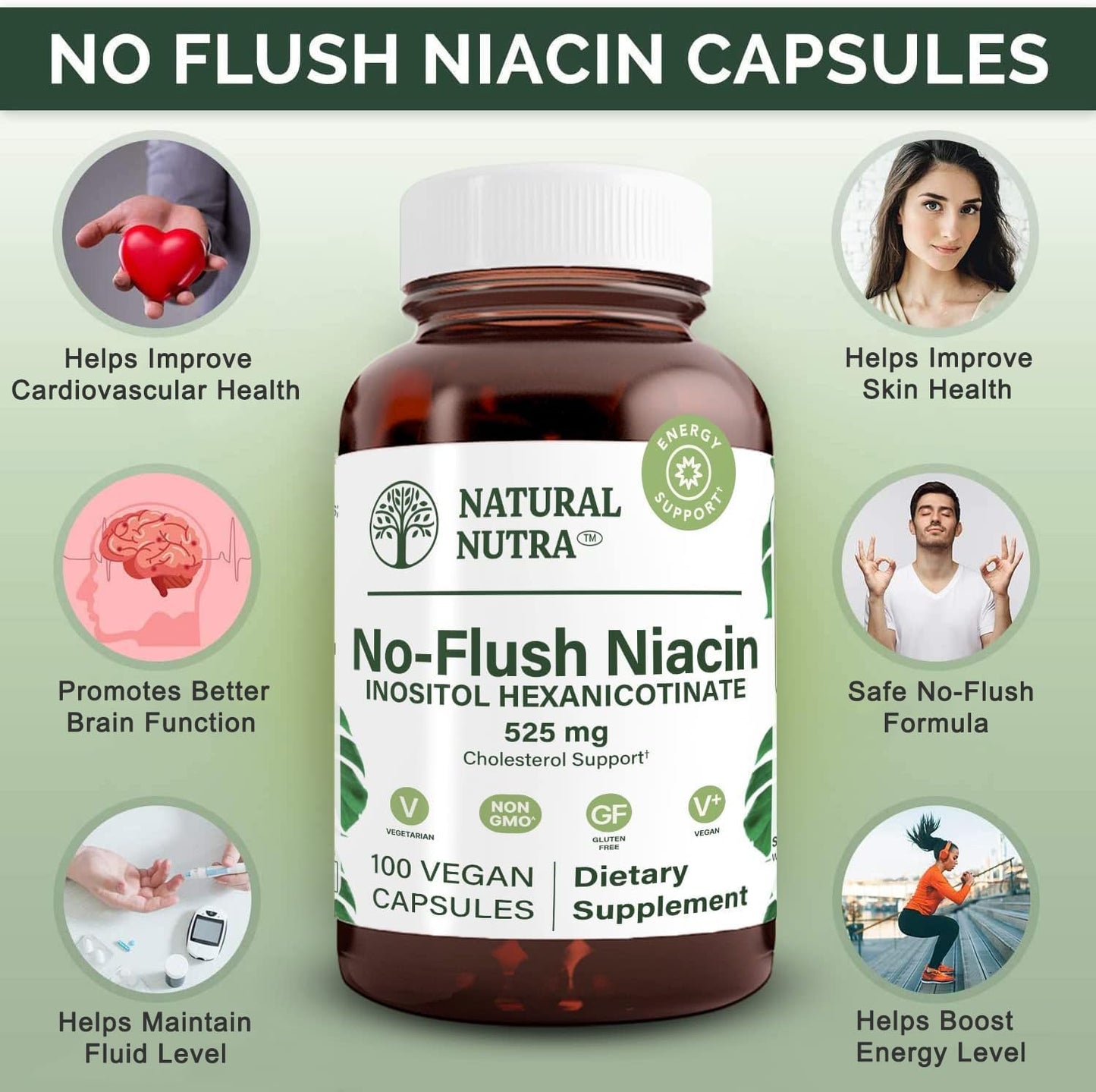 Naturally Derived Niacin Supplement for Cardiovascular Health, Skin Texture, and Brain Function - 525 mg, 100 Capsules