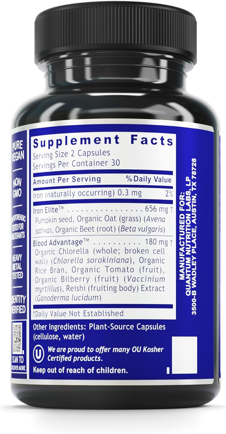 Naturally Sourced Vegan Iron Supplement for Men and Women - Gentle Iron Support for Healthy Blood - 60 Capsules